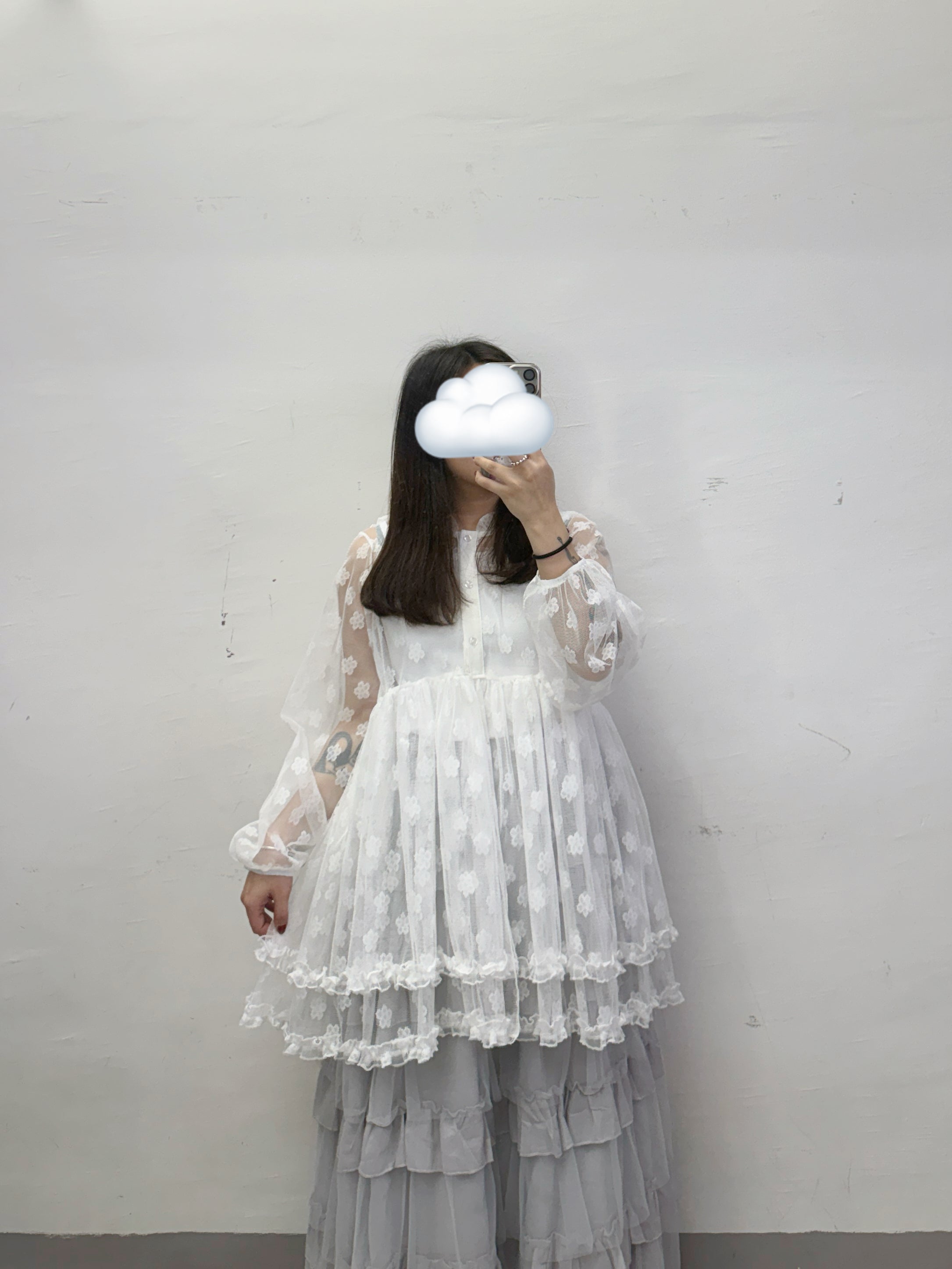【SALE】花花紋雙層RUFFLE透紗外搭上衣丨黑