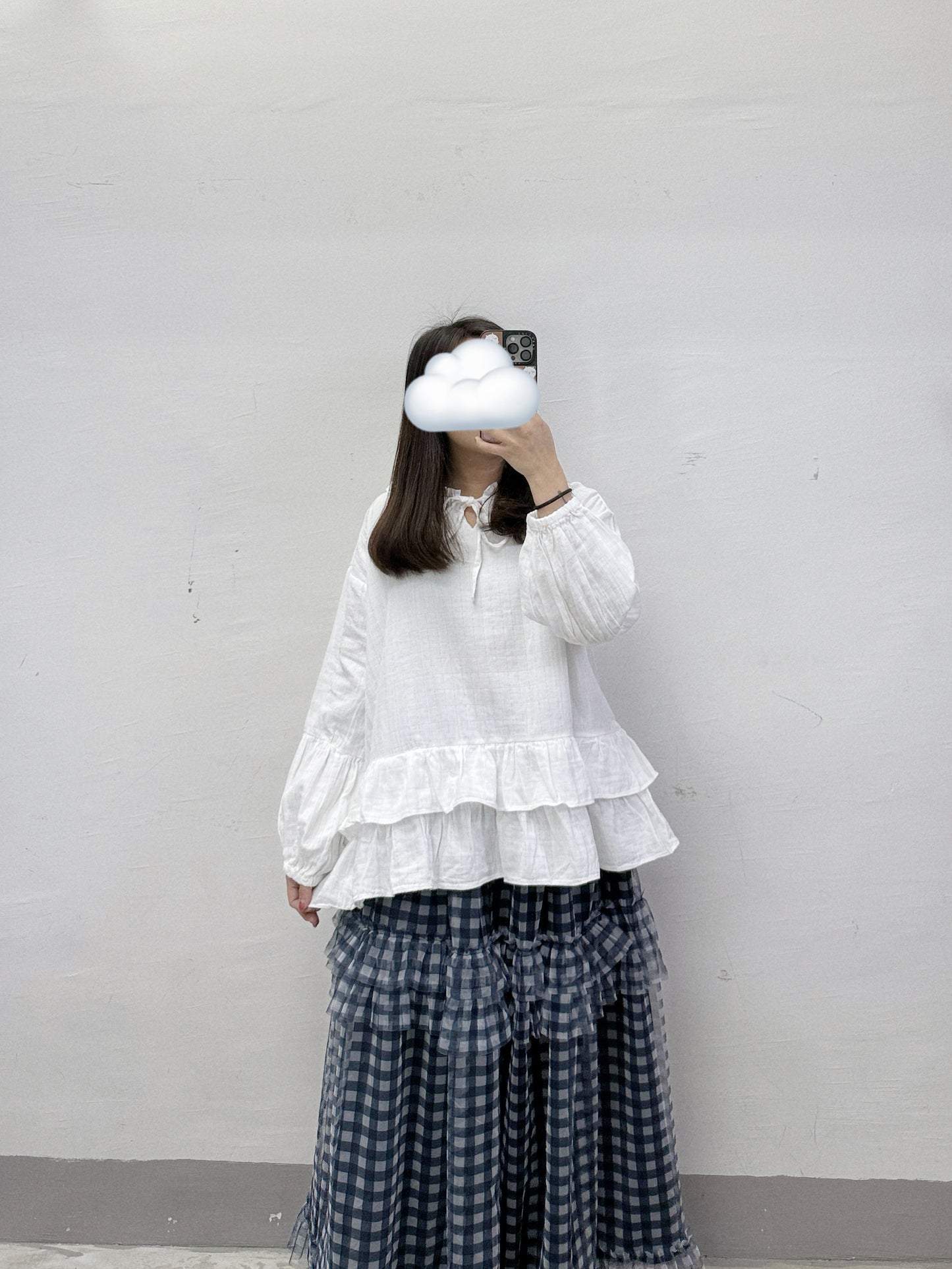 【SALE】荷葉領暗格紋雙層下擺ruffle上衣