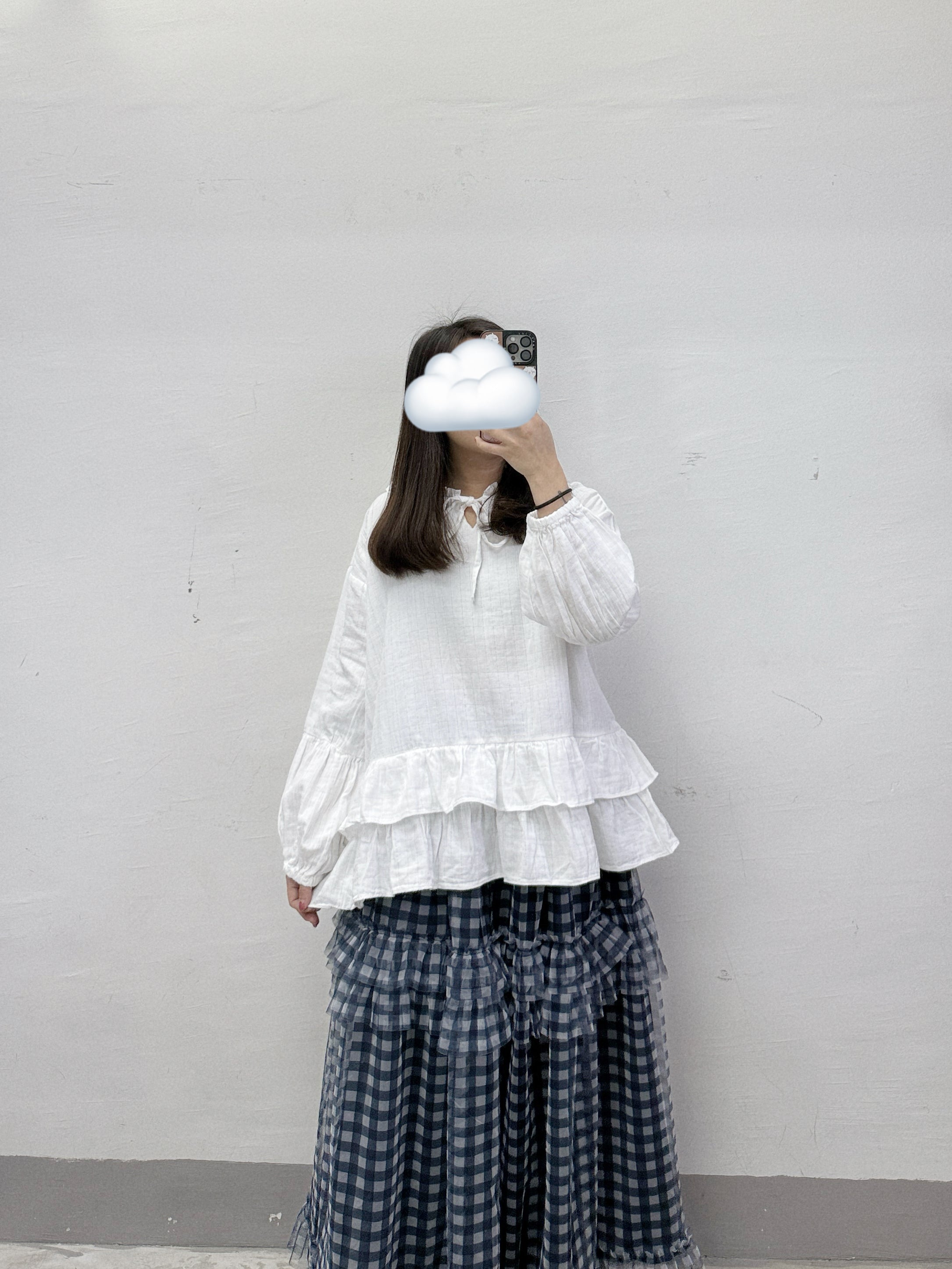 荷葉領暗格紋雙層下擺ruffle上衣