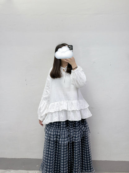 【SALE】荷葉領暗格紋雙層下擺ruffle上衣