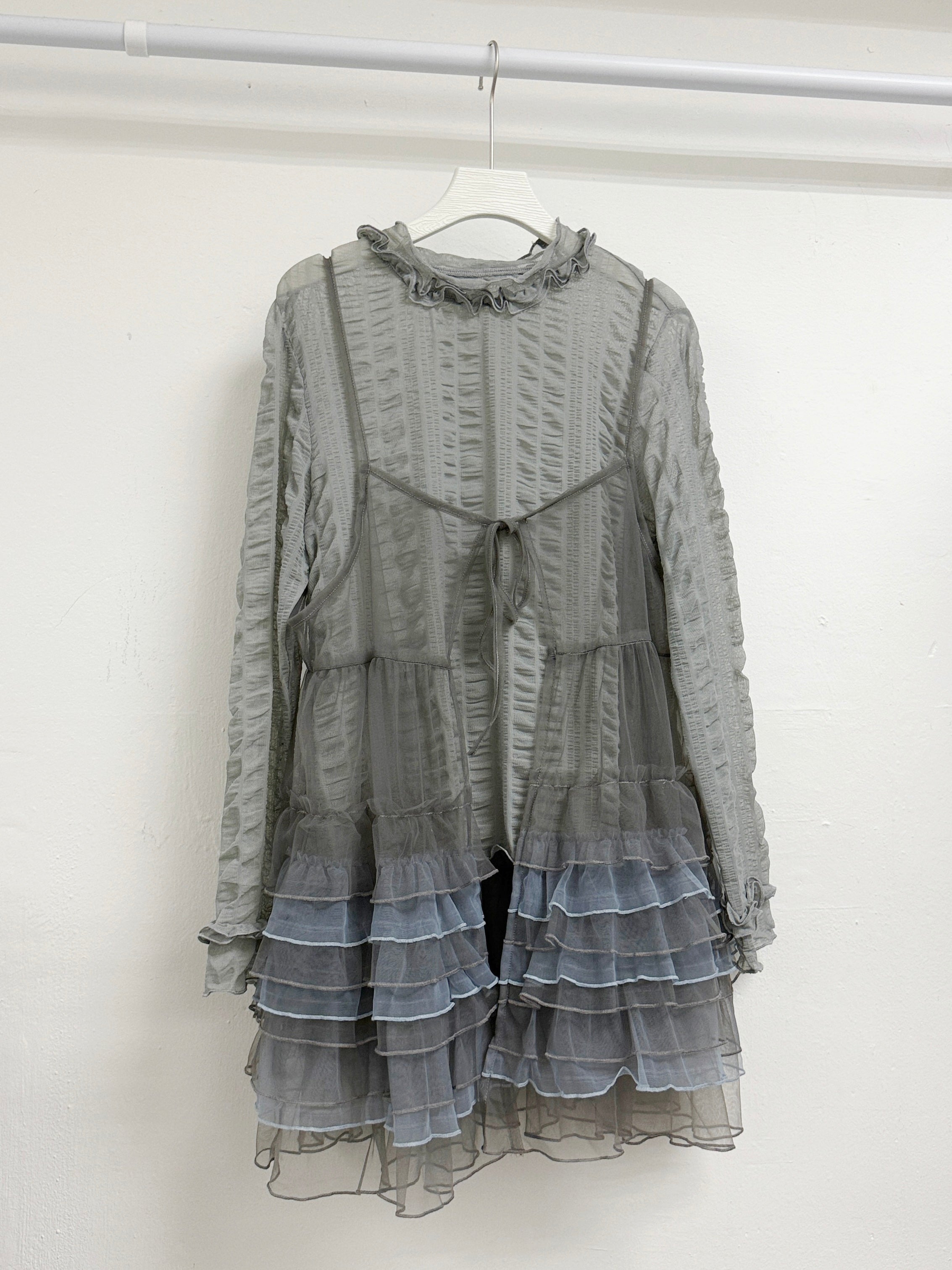 拼色ruffle綁帶透紗外搭丨4 col