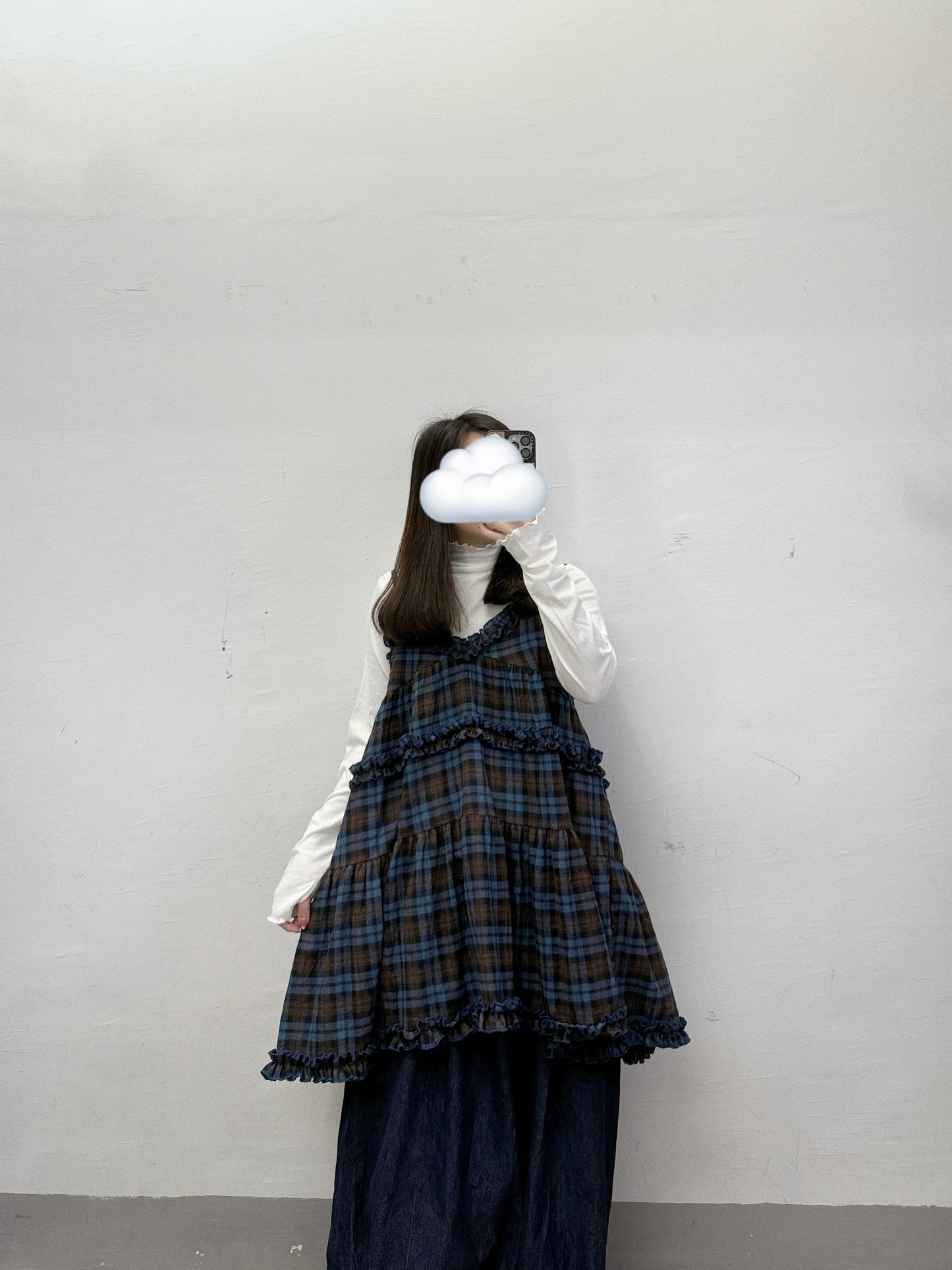 ruffle邊格紋吊帶中長外搭