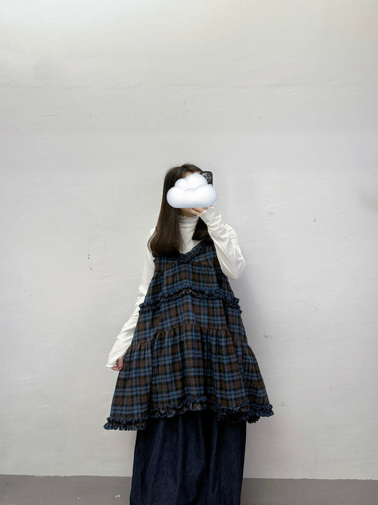 ruffle邊格紋吊帶中長外搭