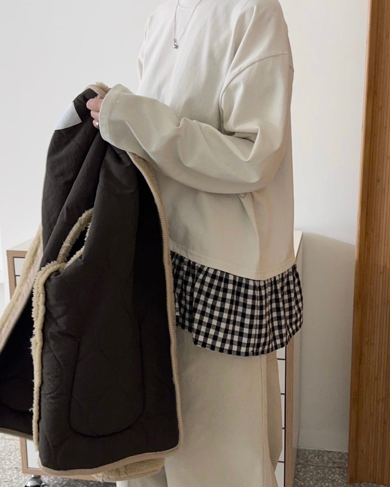 下擺拼格紋上衣丨2 col