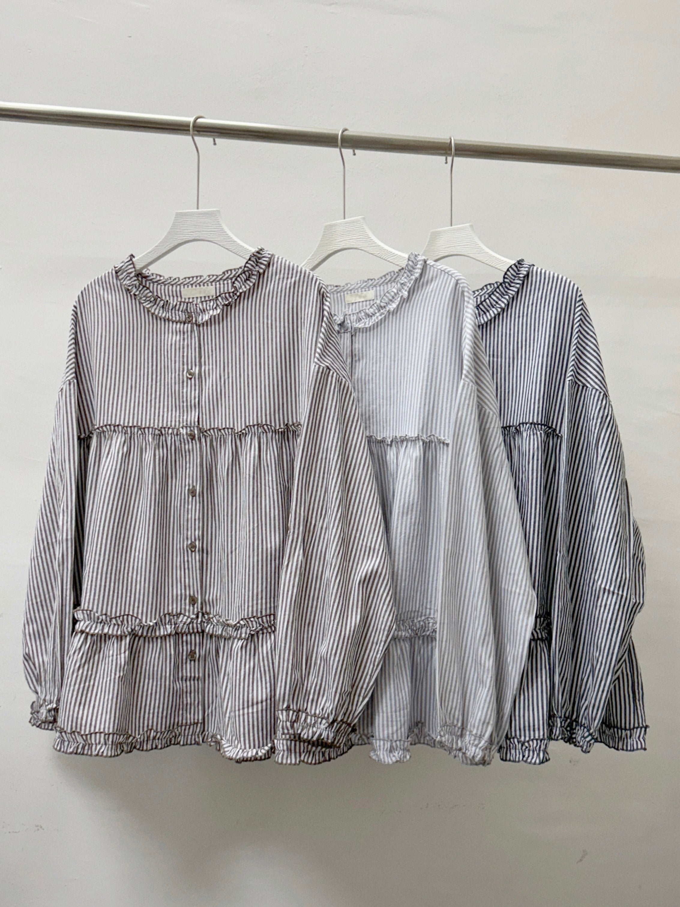 條紋ruffle領娃娃上衣丨3 col