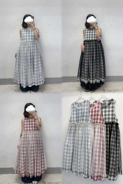 【SALE】格紋拼紗背心ops丨紅