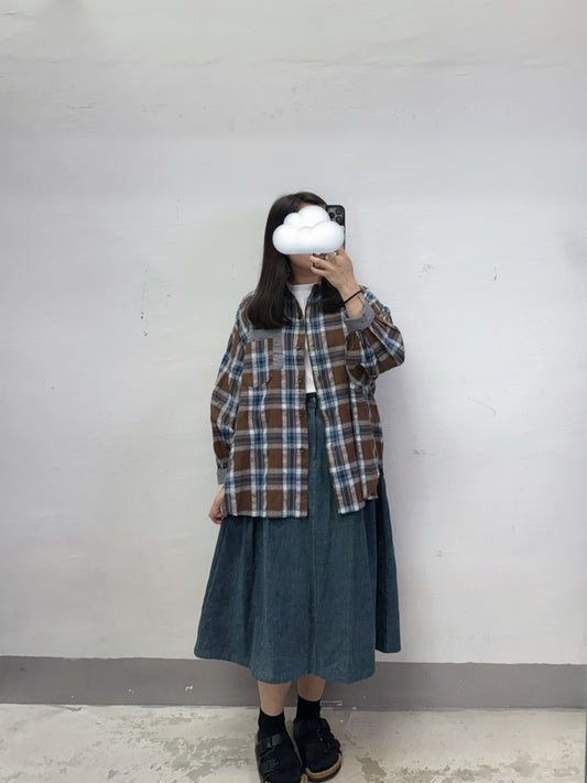 【SALE】拼色格紋棉麻恤