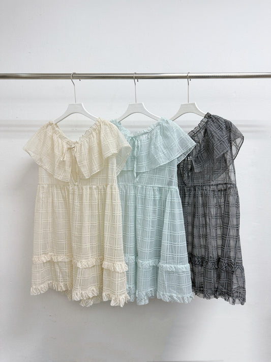 【新品優惠】多種配搭~ruffle格紋透紗拼綁帶領口外搭丨3 col