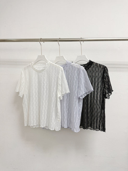 【新品優惠】蝴蝶暗紋ruffle領透透上衣丨3 col