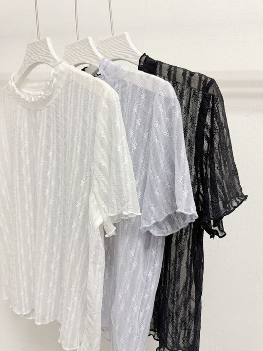 【新品優惠】蝴蝶暗紋ruffle領透透上衣丨3 col