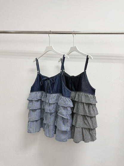 【SALE】層次ruffle格紋拼牛仔外搭丨2 col