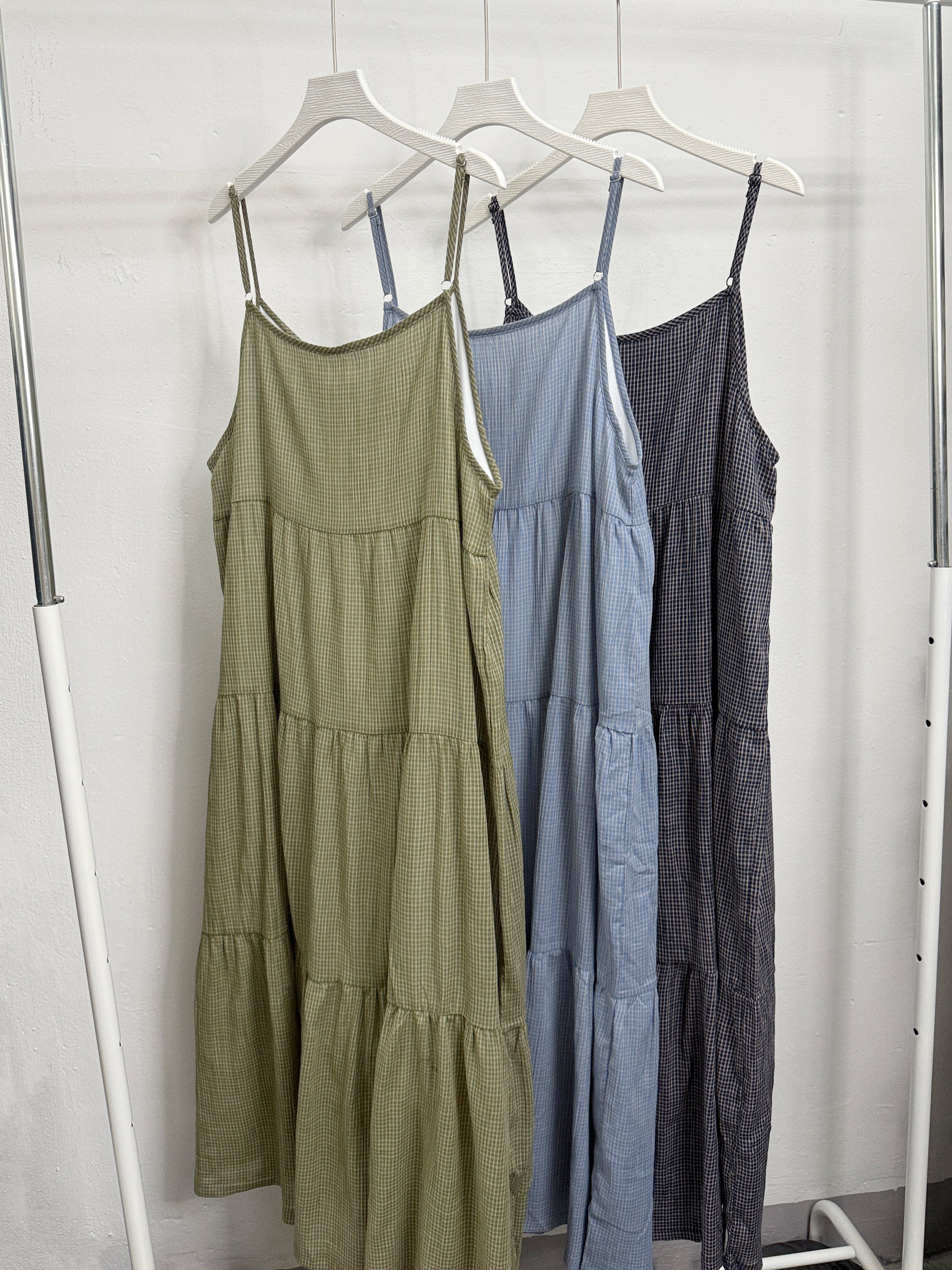 【SALE】格紋層層吊帶ops丨淺藍