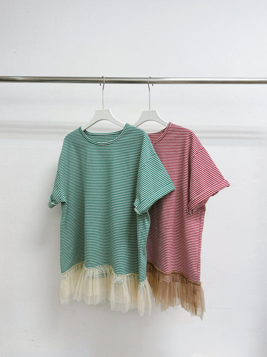 下擺拼紗條紋上衣丨3 col