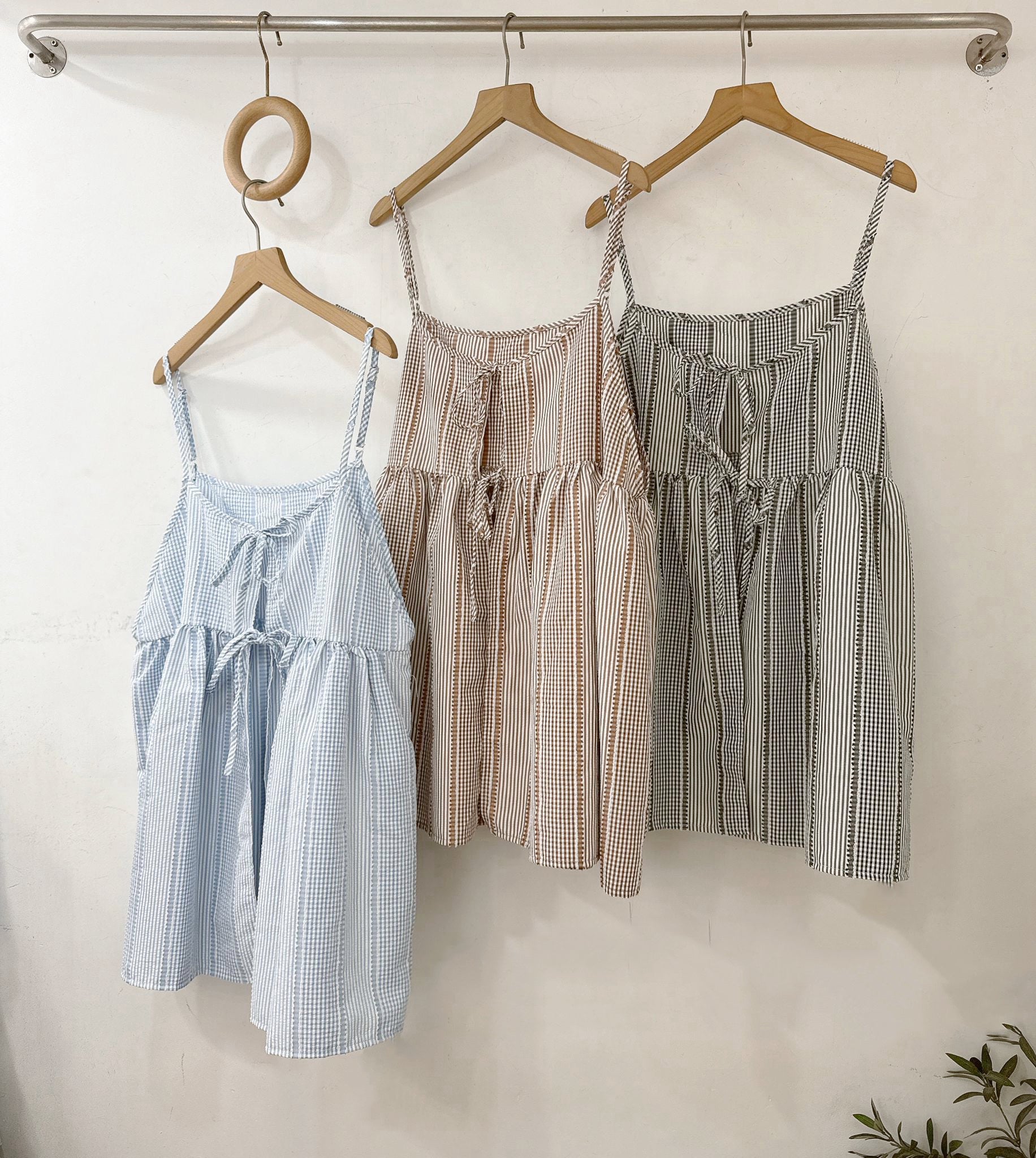 【SALE】拼格條紋綁帶外搭丨藍