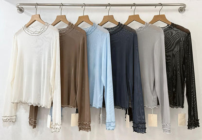 【SALE】波浪邊半透打底top丨米白 啡 深藍