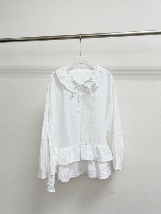 【SALE】荷葉領暗格紋雙層下擺ruffle上衣