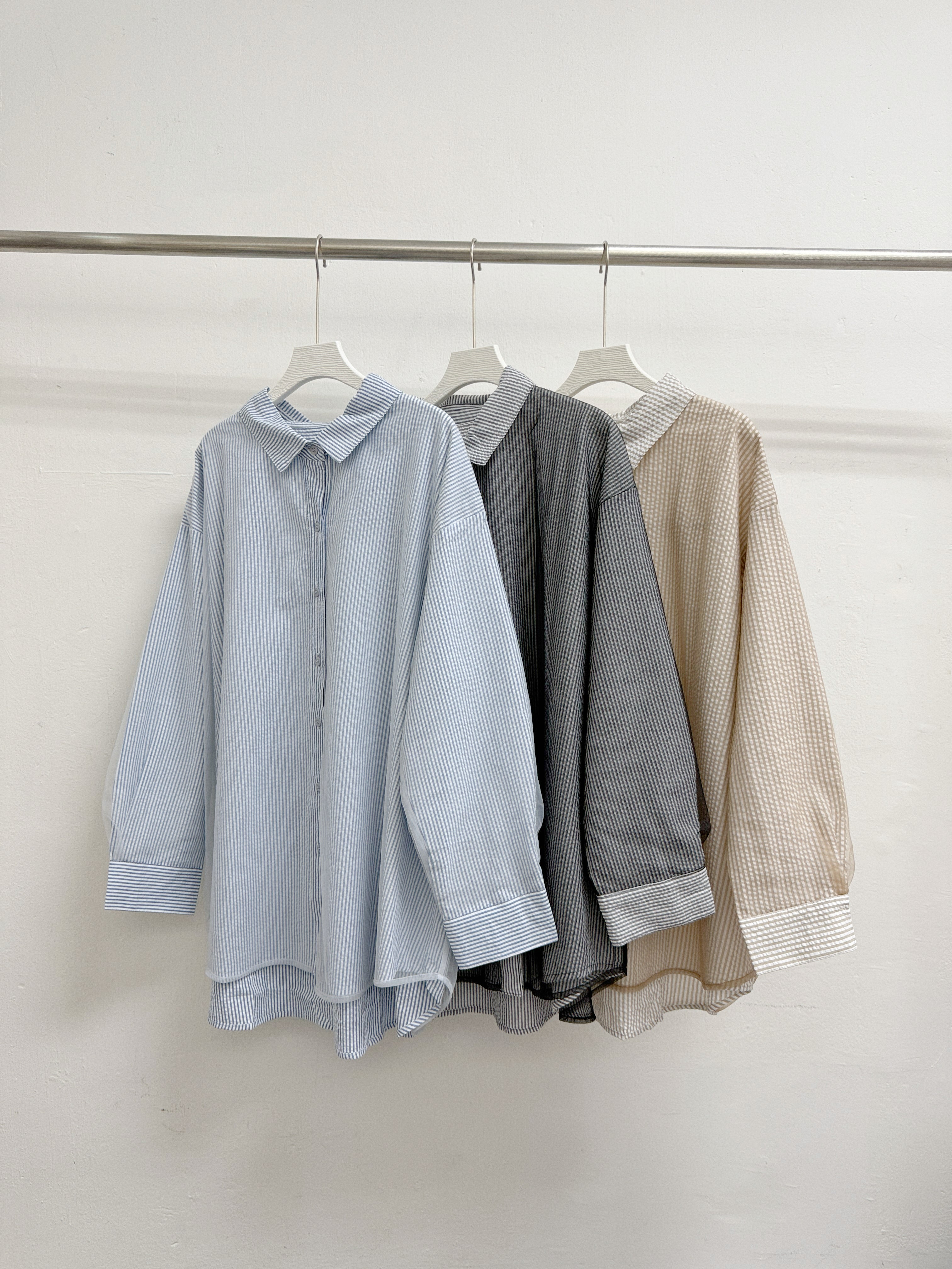 【SALE】條紋拼紗反領恤丨啡