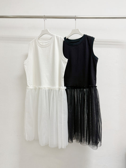 下擺拼紗圓領背心丨2 col