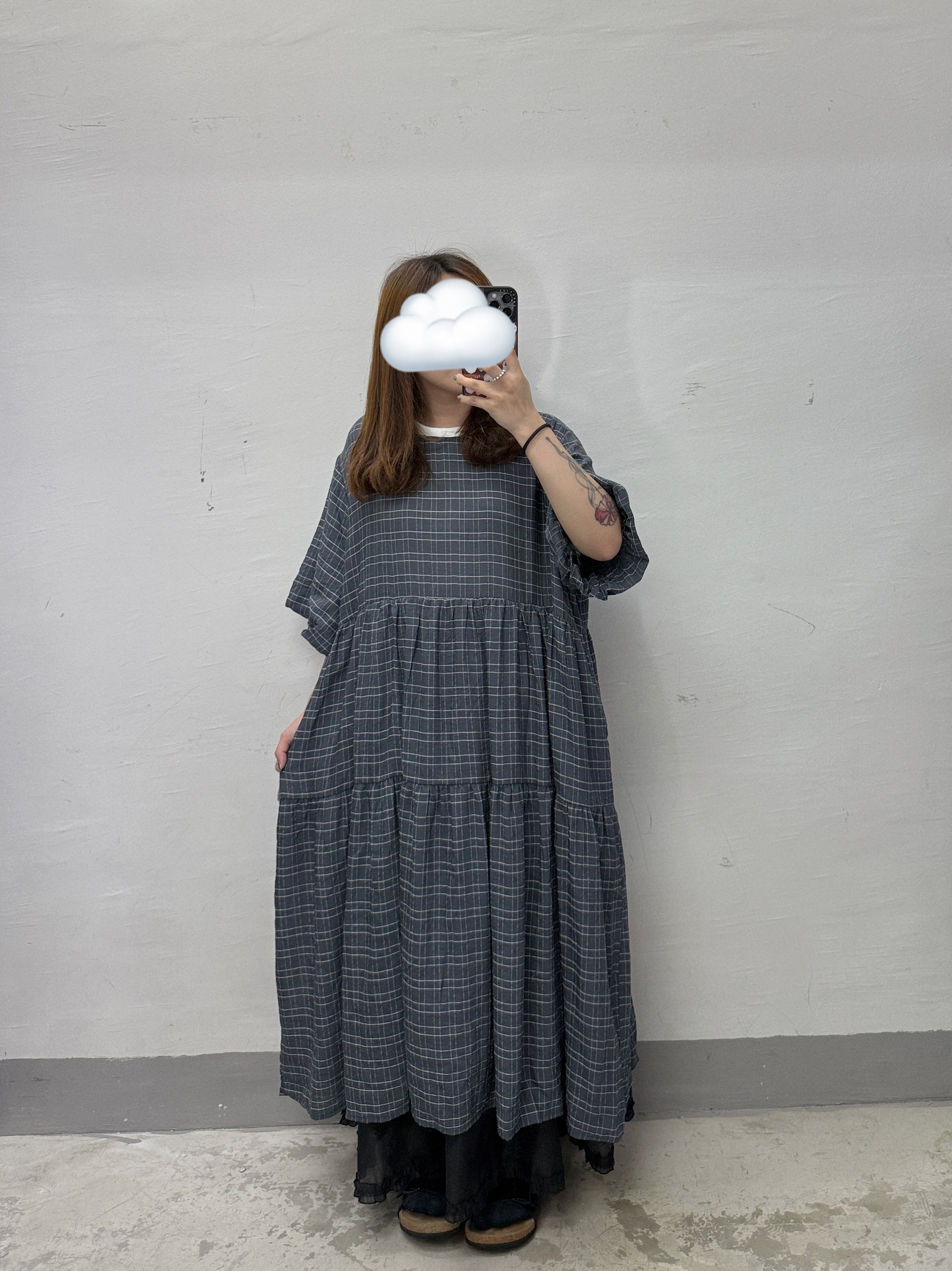 【SALE】通爽料格紋泡泡袖ops丨灰