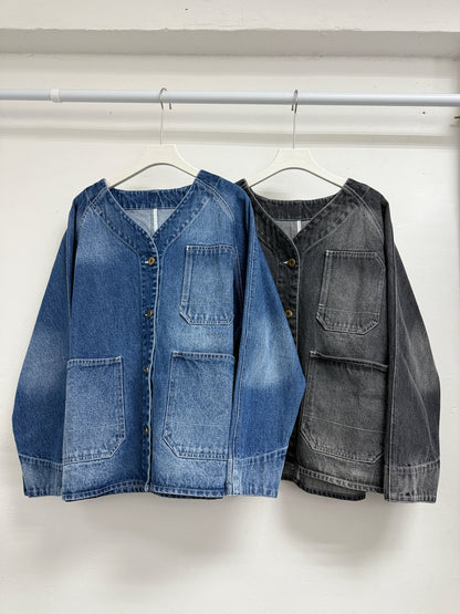 【SALE】洗水色口袋v領牛仔外套丨2 col