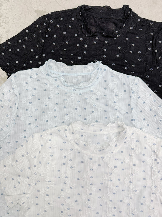 【SALE】雙層ruffle領立體暗花紋半透上衣丨3 col
