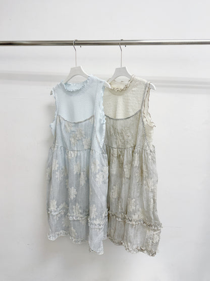 【SALE】格紋拼刺繡花紋半透中長外搭丨2 col