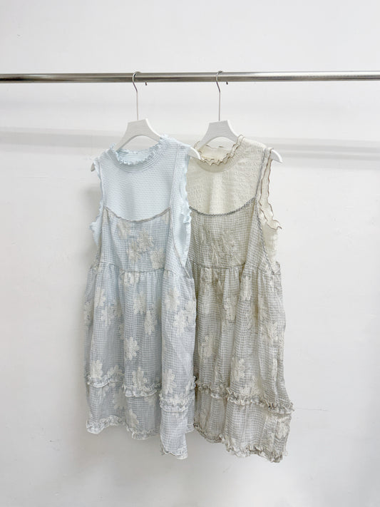 【SALE】格紋拼刺繡花紋半透中長外搭丨2 col