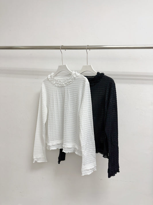 【新品優惠】花邊領皺皺格紋top丨2 col