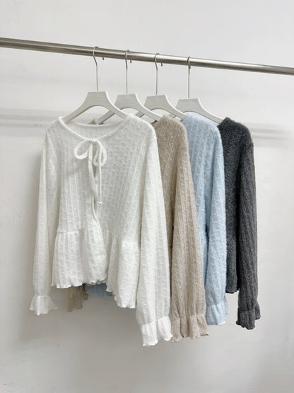 【新品優惠】暗花紋綁帶毛茸針織外襯丨4 col