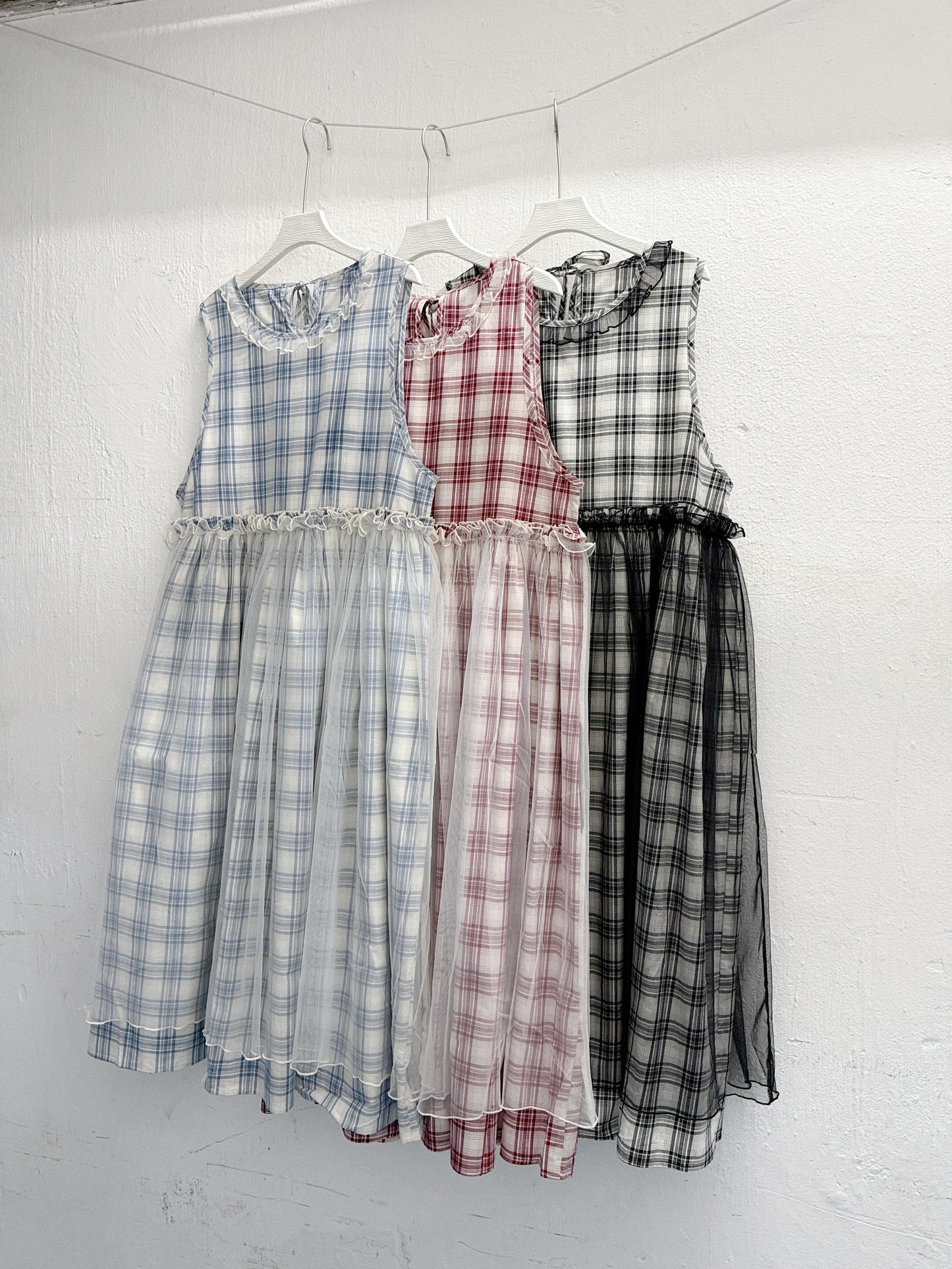 【SALE】格紋拼紗背心ops丨紅
