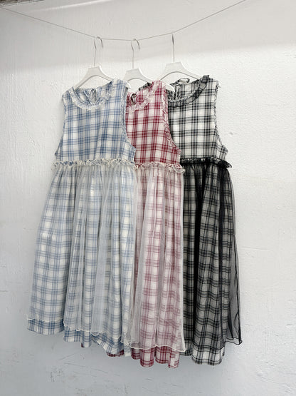 【SALE】格紋拼紗背心ops丨紅