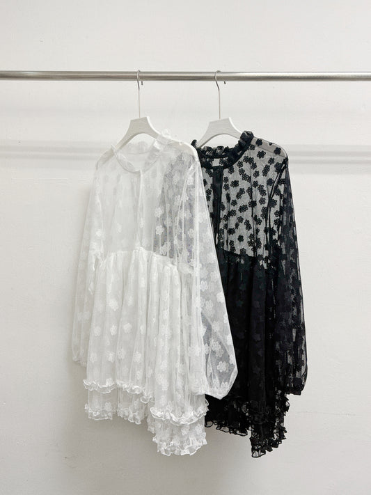 【新品優惠】花花紋雙層RUFFLE透紗外搭上衣丨2 col