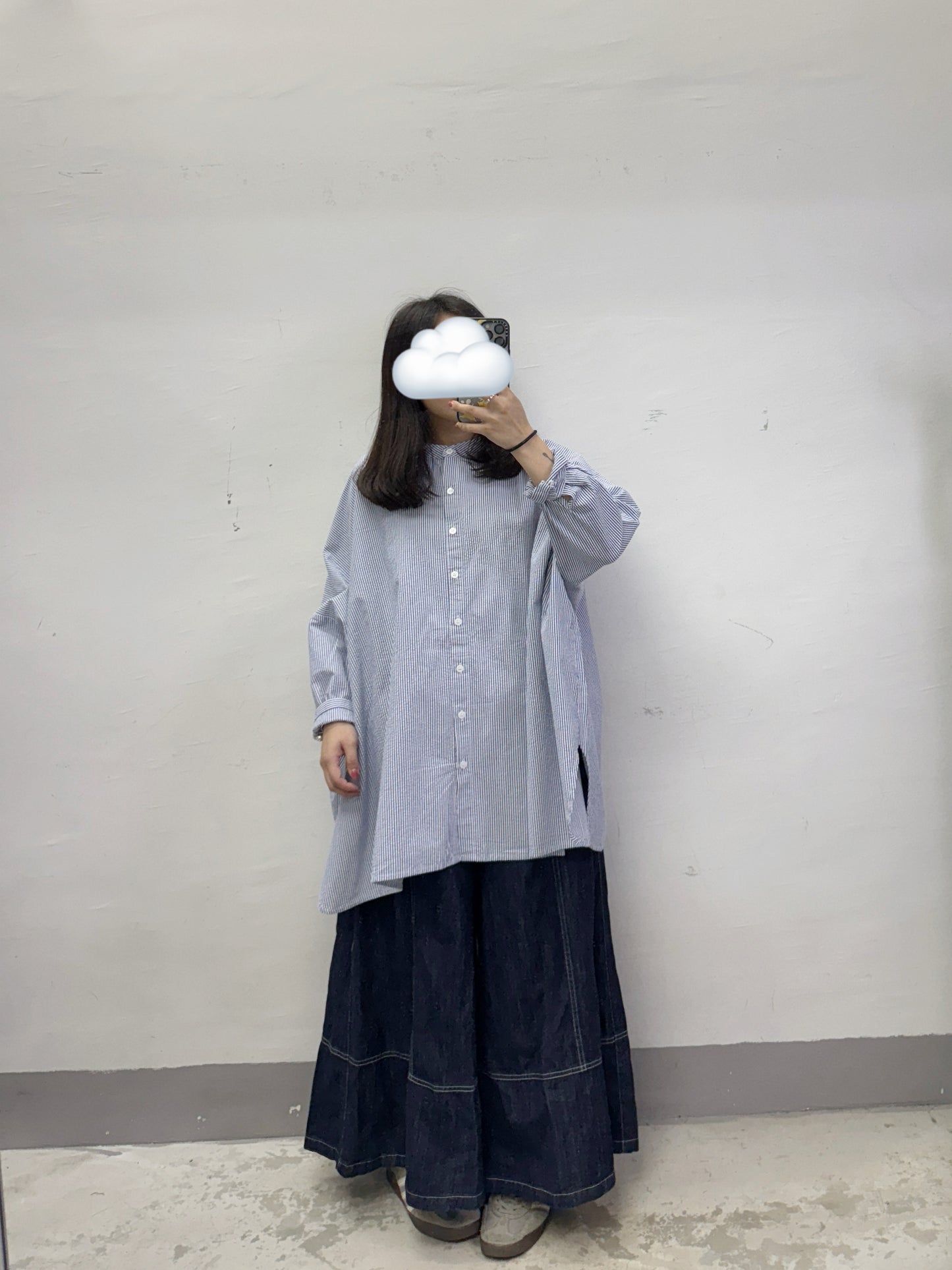 【SALE】圓領條紋闊型開胸上衣丨藍