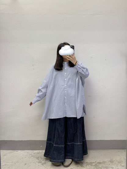 【SALE】圓領條紋闊型開胸上衣丨藍