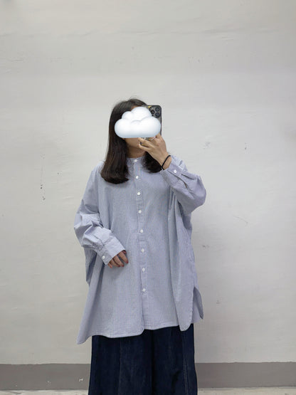【SALE】圓領條紋闊型開胸上衣丨藍