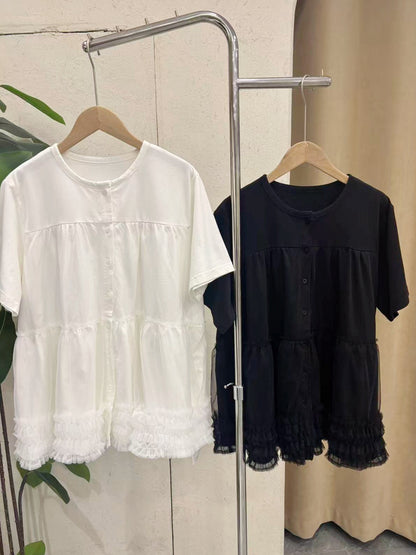 【新品優惠】棉料拼紗開胸上衣丨2 col