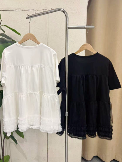 【新品優惠】棉料拼紗開胸上衣丨2 col