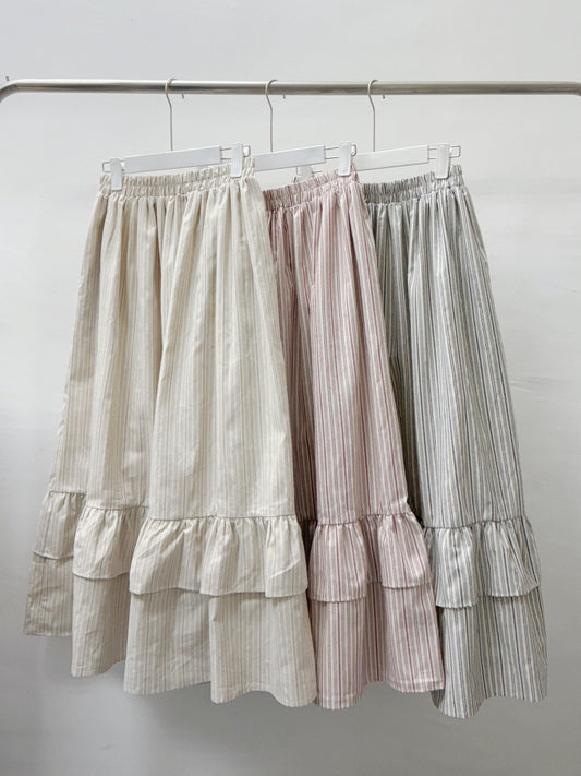 【SALE】挺身直紋ruffle邊半身裙丨 米杏 黑
