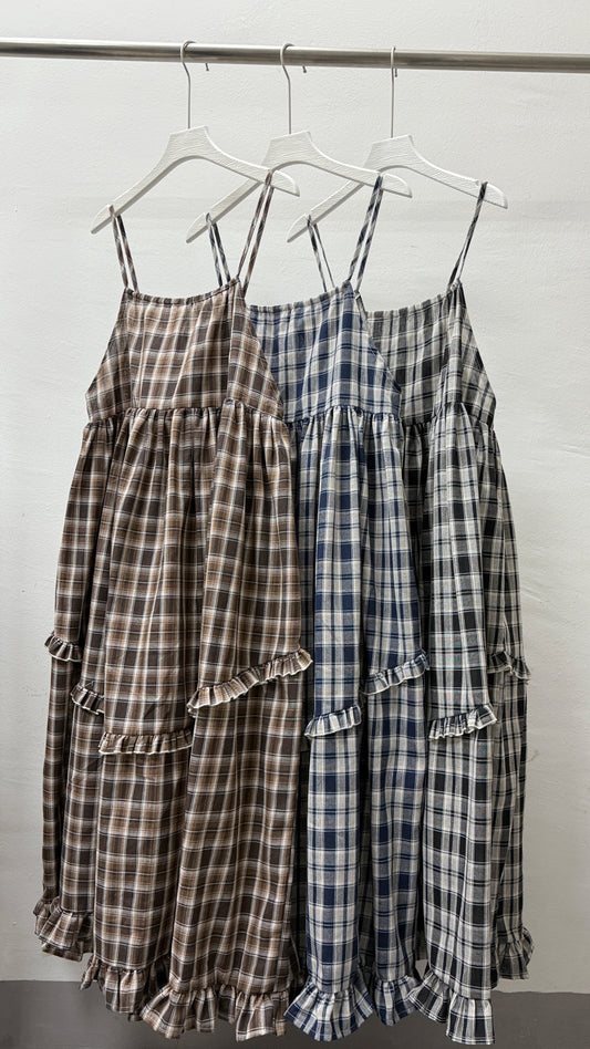 【SALE】棉麻格紋ruffle邊吊帶ops丨黑