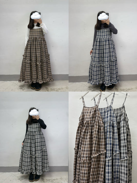 【SALE】棉麻格紋ruffle邊吊帶ops丨黑