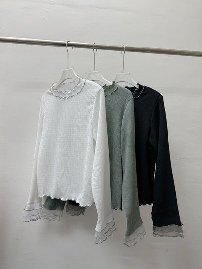 【SALE】袖口拼紗波浪領打底top丨綠
