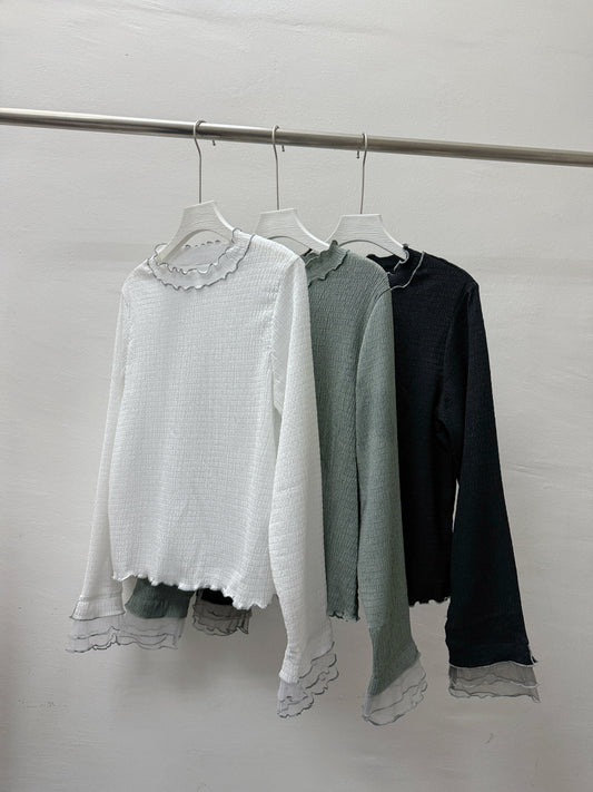 【SALE】袖口拼紗波浪領打底top丨綠