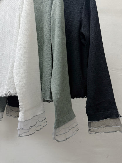 【SALE】袖口拼紗波浪領打底top丨綠