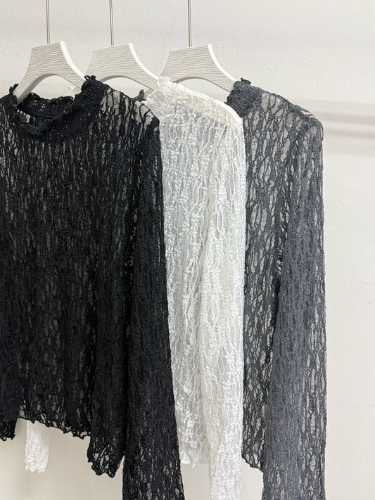 【新品優惠】ruffle領lace花紋透打底top丨3 col